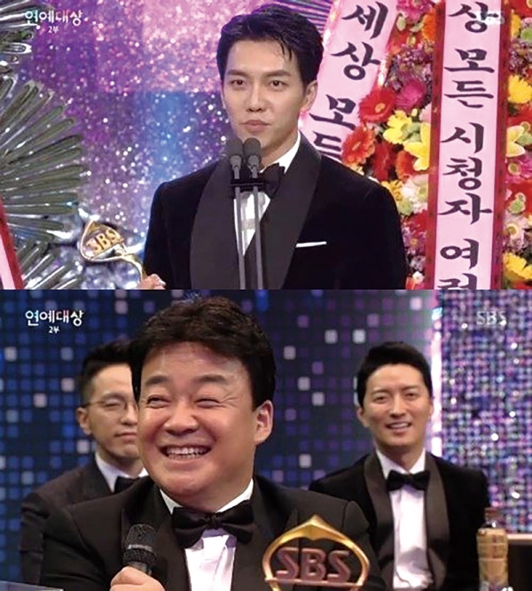 SBS 연예대상에서 대상을 수상한 이승기(위쪽 사진). 아래는 골목식당 신드롬을 일으킨 백종원 © SBS