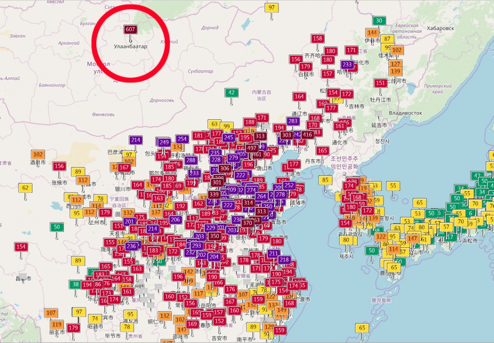 1월18일 정오 몽골과 중국, 한국의 미세먼지 농도 비교. 동그라미 표시가 있는 곳이 몽골이다.