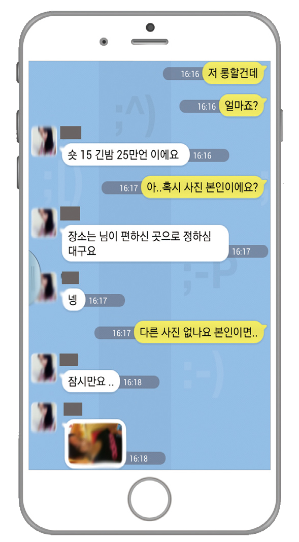원조교제를 하려는 청소년과 성인 남성의 채팅창 대화 ⓒ 온라인 커뮤니티