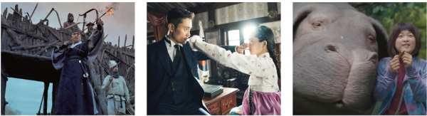 왼쪽부터 넷플릭스 드라마 《킹덤》 tvN 드라마 《미스터 션샤인》, 넷플릭스 영화 《옥자》 ⓒ 넷플릭스