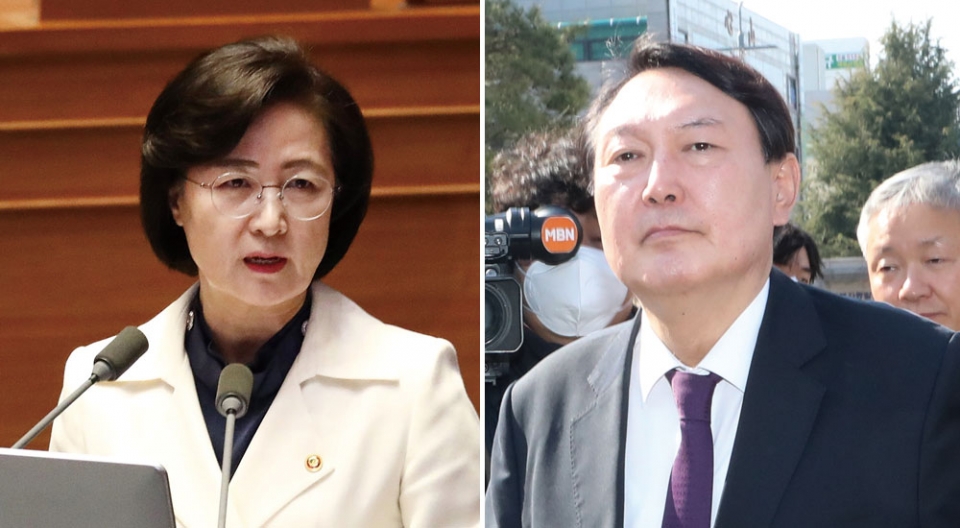 (왼쪽)추미애 법무부 장관이 3월2일 국회 본회의장에서 열린 임시회 제5차 본회의에서 주호영 미래통합당 의원의 질의에 답하고 있다. (오른쪽)윤석열 검찰총장이 2월20일 광주 고등·지방검찰청을 방문한 뒤 광주지법원장과 고법원장을 예방하기 위해 나서고 있다. ⓒ시사저널 박은숙·연합뉴스