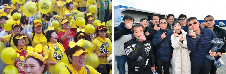 (왼쪽)박서진의 공연장에 모인 팬클럽 회원들 (오른쪽)요요미가 공연 후 팬들과 기념촬영을 하고 있다. ⓒ유튜브 캡쳐·뉴스1