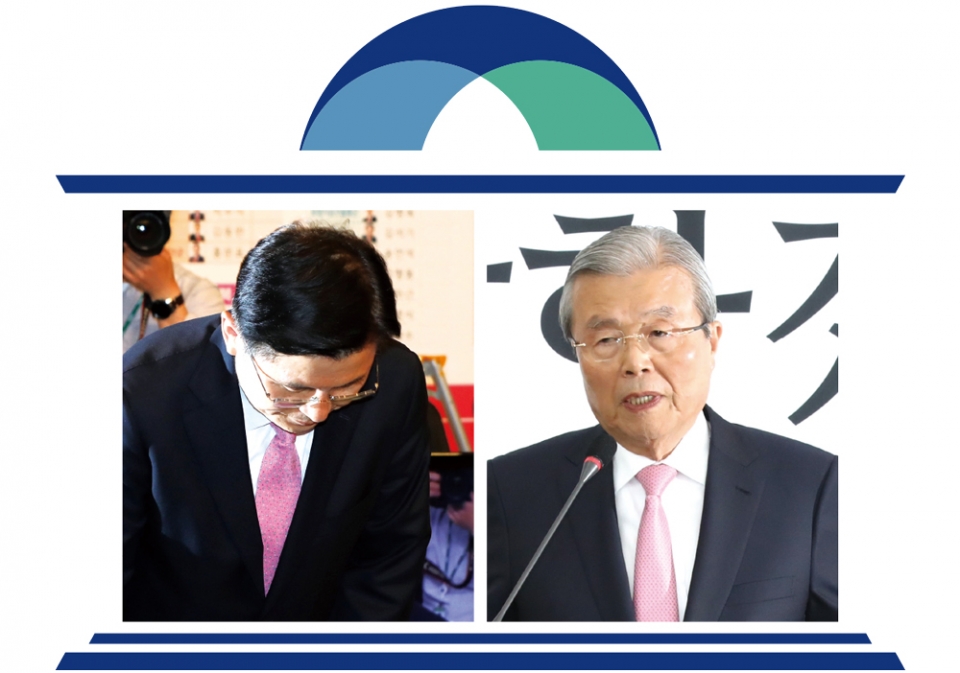 (왼쪽)황교안 미래통합당 대표는 4월15일 국회도서관에 마련된 개표상황실에서 대표직 사퇴를 발표했다. (오른쪽)김종인 미래통합당 총괄선거대책위원장이 4월16일 국회에서 총선 결과 기자회견을 하고 있다. ⓒ시사저널 이종현·박은숙