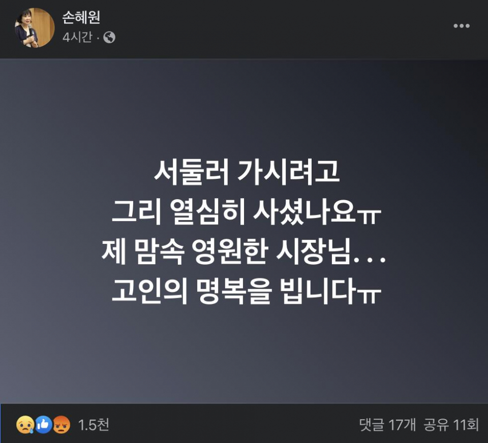 손혜원 전 의원이 10일 자신의 페이스북에 박원순 시장을 애도하는 글을 올렸다. ⓒ 손혜원 의원 페이스북
