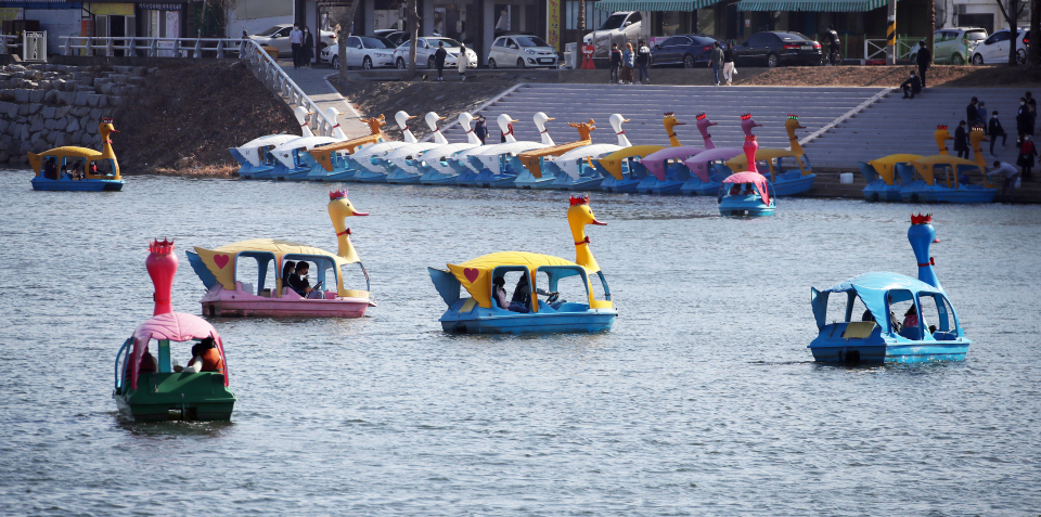 대구의 낮 기온이 20도를 웃돌며 봄기운 가득한 날씨를 보인 21일 대구 동구 동촌유원지에서 나들이객들이 오리배를 타며 휴일을 즐기고 있다. ⓒ연합뉴스