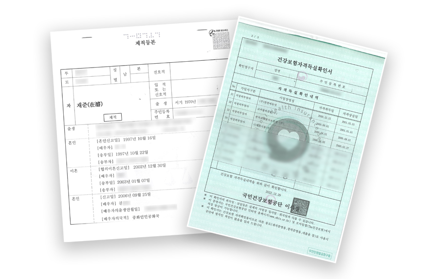 A씨의 제적등본(왼쪽)을 통해 한씨와의 혼인 사실과 기간을 확인할 수 있었다. 또한 A씨의 건강보험자격득실확인서에는 혼인 기간 A씨가 피부양자로 등록돼 있는 기록을 통해 한씨의 근무지를 확인할 수 있었다. ⓒ제보자 A씨 제공