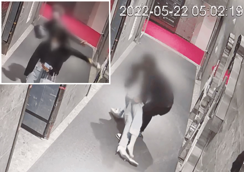 2022년 5월22일 부산시 부산진구의 한 오피스텔 현관에서 가해자 A씨가 귀가하던 20대 여성의 머리를 무차별 가격한 후 의식을 잃고 쓰러진 피해자를 들쳐 업고 CCTV가 없는 사각지대로 끌고 가는 모습 ⓒJTBC 《사건반장》 영상 캡처
