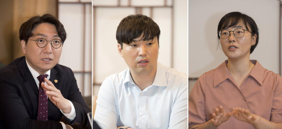 초당적 포럼 '새로운 질서' 공동대표인 (왼쪽부터) 더불어민주당 하헌기 전 상근부대변인, 정의당 오현주 대변인, 국민의힘 청년대변인 출신 신인규 정당바로세우기 대표 ⓒ시사저널 이종현