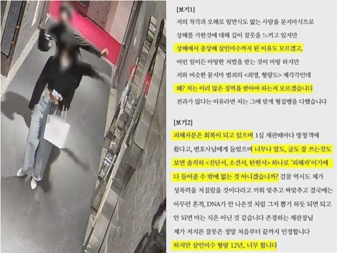 부산의 한 오피스텔 현관에서 살인미수 혐의로 기소된 가해자가 돌려차기로 피해자 머리를 가격하는 장면(왼쪽)과 가해자가 항소심 재판부에 제출한 반성문 일부 ⓒ 연합뉴스, 온라인커뮤니티 캡쳐