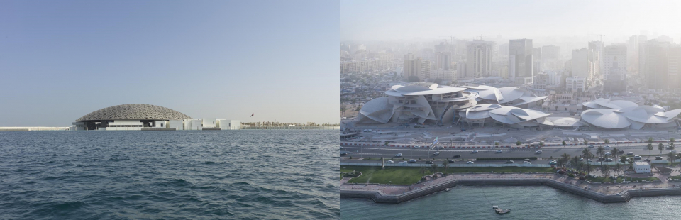 왼쪽은 프랑스 건축가 장 누벨이 설계한 루브르 아부다비 분관 전경. 아랍 문화권의 특징을 건축에 담아냈다. 오른쪽은 중동 지역 특유의 '사막의 장미'에서 모티브를 딴 카타르 국립박물관. ⓒwww.jeannouvel.com