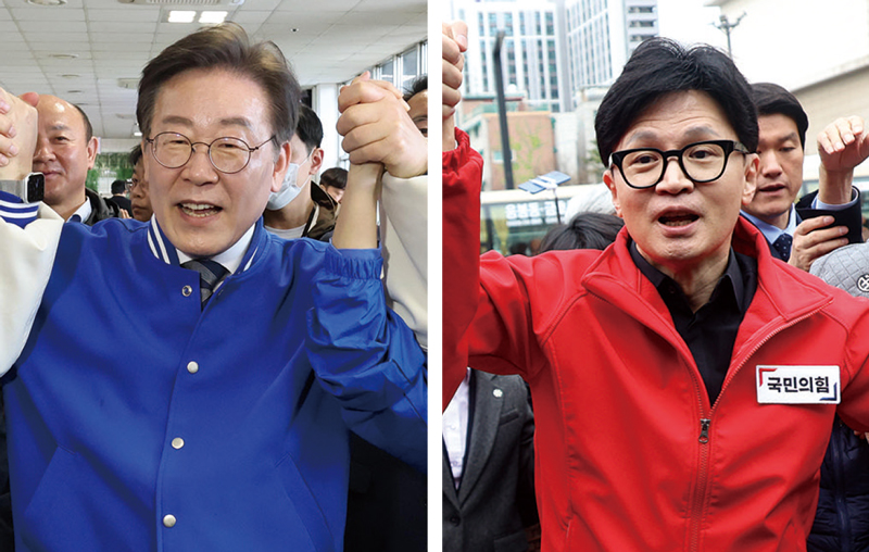 이재명 민주당 상임공동선대위원장(왼쪽)과 한동훈 국민의힘 총괄선거대책위원장 ⓒ시사저널 박은숙·최준필