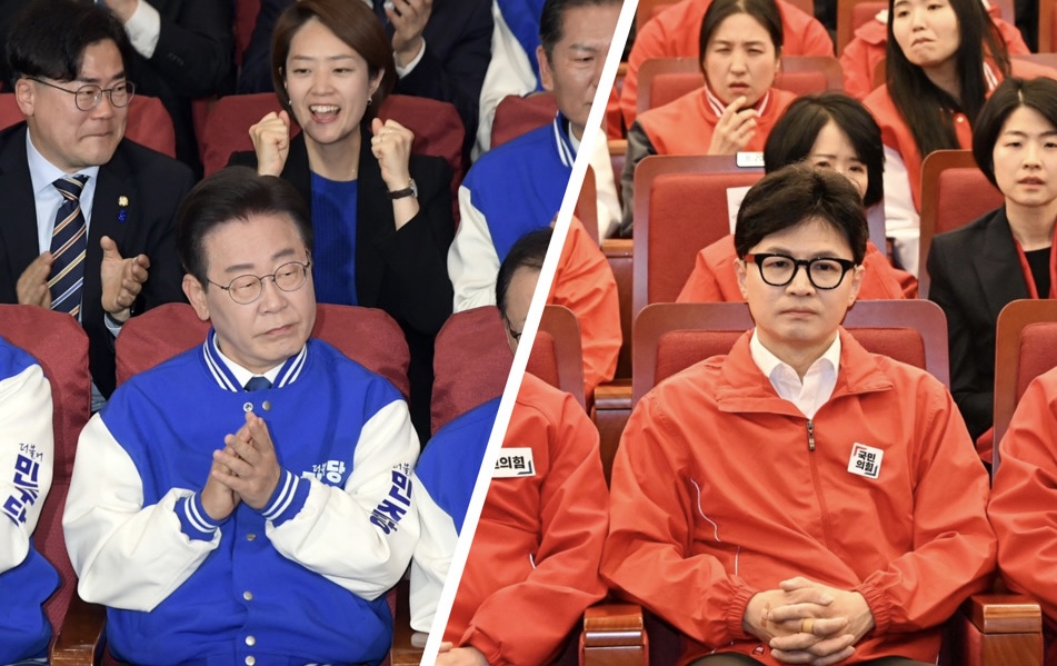 10일 제22대 총선 지상파3사 출구조사를 바라보는 이재명 더불어민주당 대표(왼쪽)과 한동훈 국민의힘 비상대책위원장 ⓒ연합뉴스