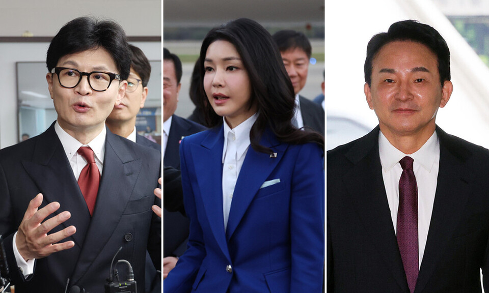 (왼쪽부터) 국민의힘 한동훈 당 대표 후보, 김건희 여사, 원희룡 후보 ⓒ연합뉴