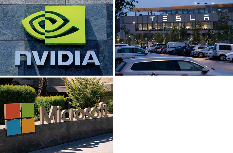 AI(인공지능) 산업을 이끌고 있는 글로벌 빅테크 기업들. 왼쪽 위부터 시계방향으로 엔비디아, 테슬라, 마이크로소프트 사옥 ⓒAP연합·DPA연합·AFP연합