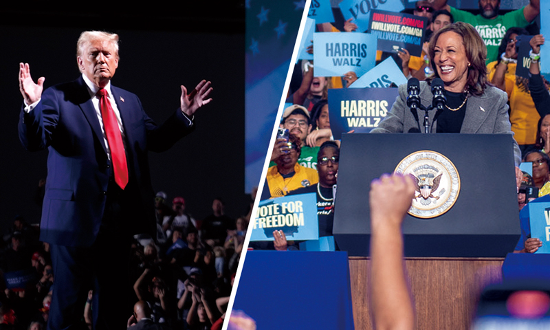 공화당 대선후보 도널드 트럼프 전 대통령이 10월18일 디트로이트에서 열린 유세 집회에서 연설하고 있다. (오른쪽)카멀라 해리스 미국 부통령이 10월19일 미국 조지아주 애틀랜타의 레이크우드 원형극장에서 대선 캠페인 중 군중에게 연설하고 있다. ⓒAP 연합·EPA 연합