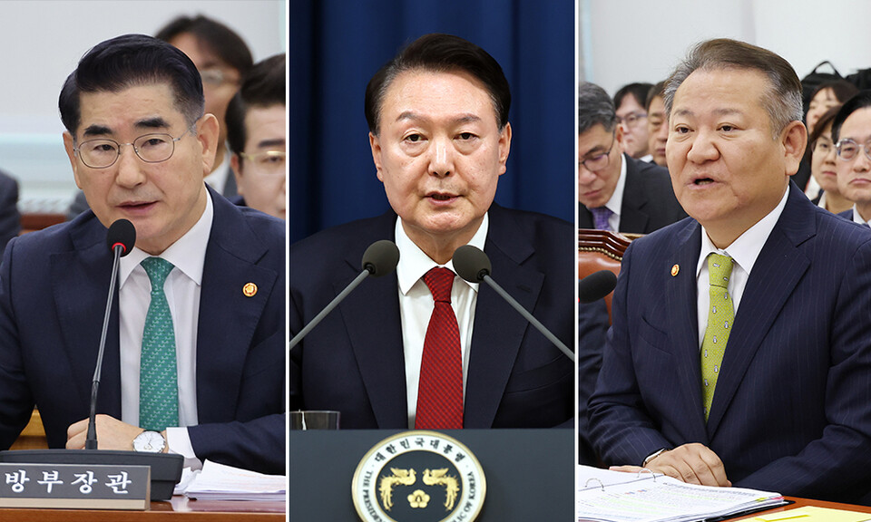 (왼쪽부터) 충암고등학교 선·후배 사이인 김용현 국방부 장관, 윤석열 대통령, 이상민 행정안전부 장관 ⓒ연합뉴스