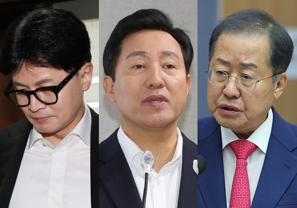 왼쪽부터 한동훈 국민의힘 대표, 오세훈 서울시장, 홍준표 대구시장 ⓒ연합뉴스