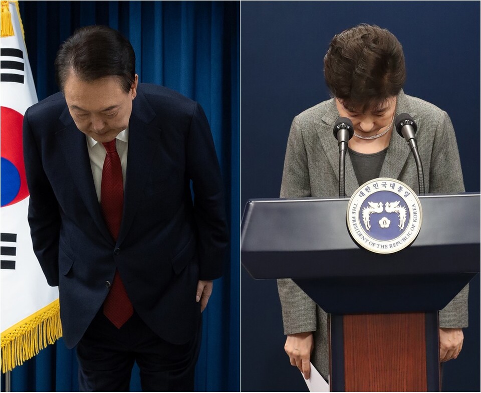 7일 긴급 담화에서 허리 숙여 사과하는 윤석열 대통령(왼쪽)과 지난 2016년 11월29일 3차 대국민담화에서 진퇴 문제 등을 얘기한 뒤 사과하는 박근혜 당시 대통령(오른쪽) ⓒ연합뉴스