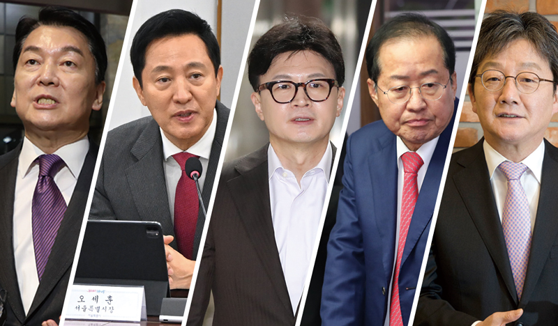 (왼쪽부터)안철수 국민의힘 의원, 오세훈 서울시장, 한동훈 전 국민의힘 대표, 홍준표 대구시장, 유승민 전 국민의힘 의원 ⓒ시사저널 박은숙·서울시 제공·시사저널 이종현