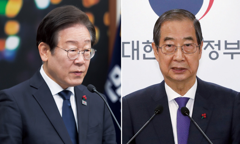 2024년 12월15일 국회 본청 더불어민주당 당대표회의실에서 이재명 대표가 탄핵소추안 통과에 대한 소감을 밝히는 기자회견을 하고 있다. (오른쪽)2024년 12월26일 한덕수 대통령 권한대행이 서울 종로구 정부서울청사에서 긴급 대국민 담화를 하고 있다. ⓒ시사저널 이종현·청사사진기자단