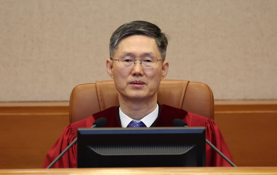 문형배 헌법재판소장 권한대행이 13일 서울 종로구 헌법재판소에서 열린 '윤석열 대통령 탄핵심판 8차 변론'에 참석해 자리하고 있다. ⓒ사진공동 취재단