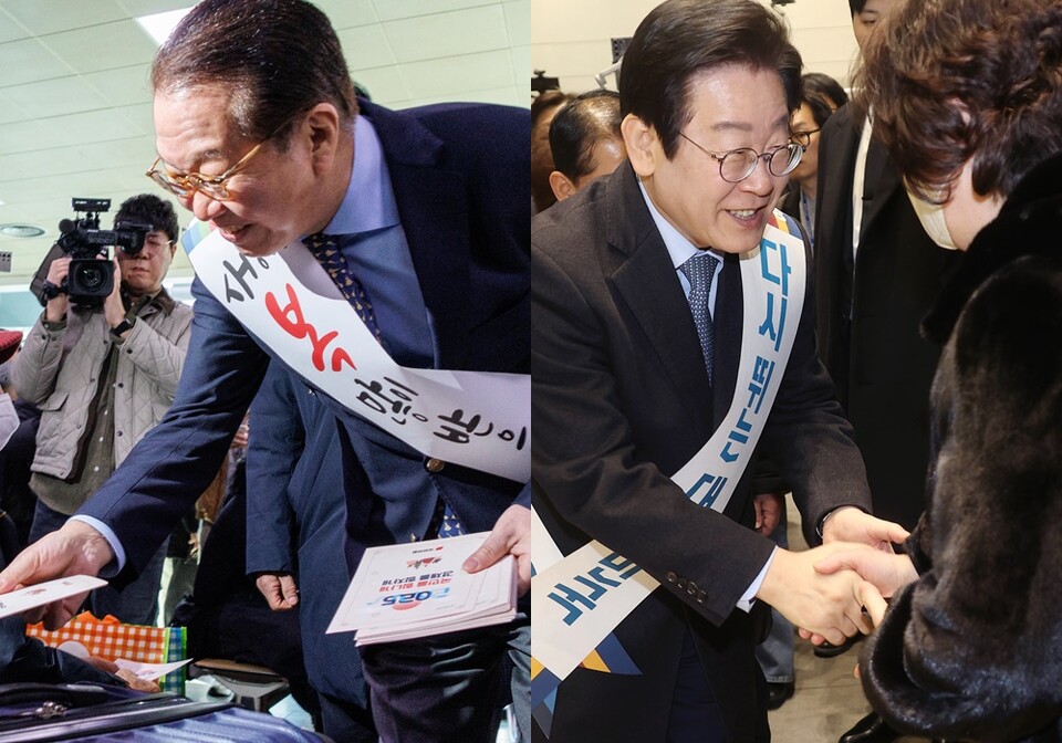왼쪽은 권영세 국민의힘 비상대책위원장이 1월24일 오전 서울역에서 설 귀성 인사를 하는 모습. 오른쪽은 이재명 더불어민주당 대표가 같은 날 서울 서초구 고속버스터미널에서 시민들과 설 귀성인사를 하는 모습 ⓒ연합뉴스