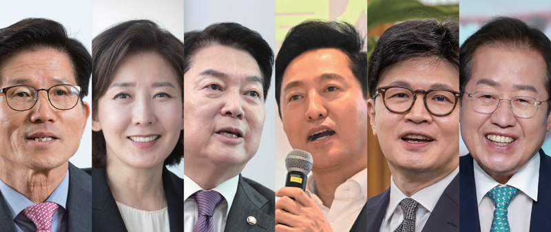 김문수 전 고용노동부 장관, 나경원 국민의힘 의원, 안철수 국민의힘 의원, 오세훈 서울시장, 한동훈 전 국민의힘 대표, 홍준표 대구시장ⓒ시사저널 최준필·이종현·박은숙·서울시 제공