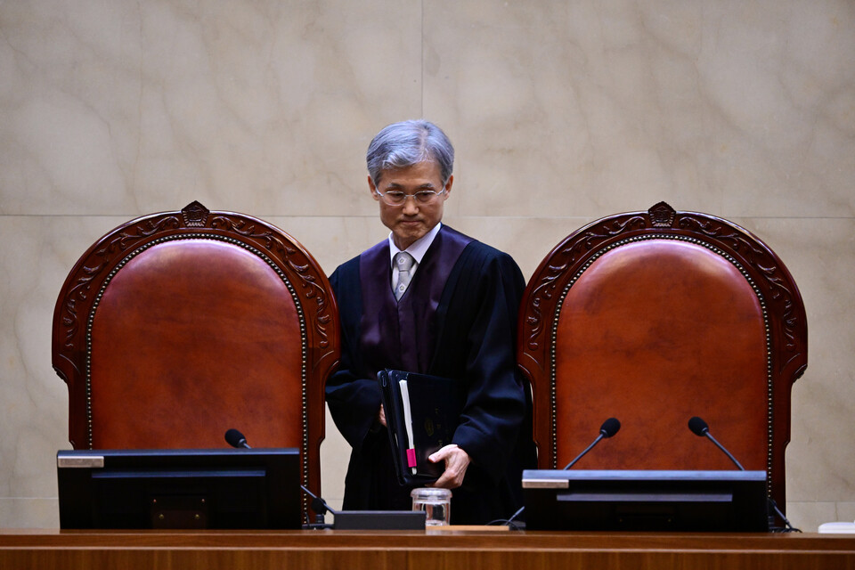 조희대 대법원장이 5월1일 서울 서초구 대법원에서 열린 이재명 더불어민주당 대선 후보의 공직선거법 위반 사건 상고심 선고 재판에 참석하고 있다. ⓒ 연합뉴스