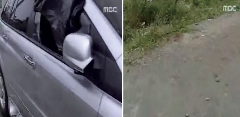 주차 문제로 말다툼을 벌이다 살해당한 피해자 이씨의 차량(왼쪽)과 피해자 정씨가 살해당한 안성휴게소 뒤편 공터(오른쪽) ⓒMBC 방송화면 캡쳐