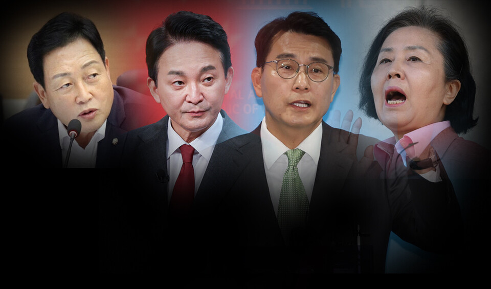 (왼쪽부터) 김선교 의원, 원희룡 전 국토부 장관, 김영선 전 의원, 윤상현 의원 ⓒ시사저널 양선영 디자이너·연합뉴스