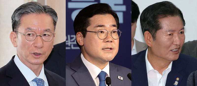 정성호 법무부 장관 후보자, 더불어민주당 당 대표 후보자 박찬대 의원, 더불어민주당 당 대표 후보자 정청래 의원  ⓒ시사저널 임준선·연합뉴스