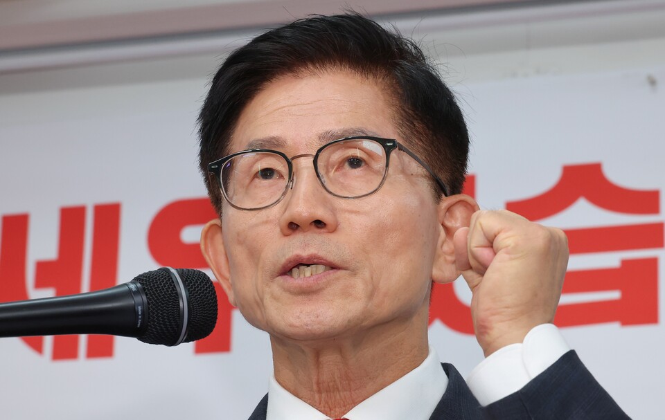국민의힘 21대 대선 후보였던 김문수 전 고용노동부 장관이 7월20일 서울 여의도 당사에서 당 대표 출마선언을 하고 있다. ⓒ연합뉴스