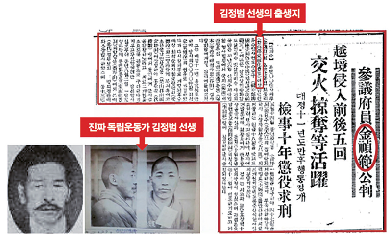 김정수와 김정범 선생의 공훈록에 같은 공적으로 올라있는 동아일보 1933년 2월8일자 기사. 김정수(왼쪽 사진)와 김정범 선생의 실물 사진 ⓒ사진=정락인