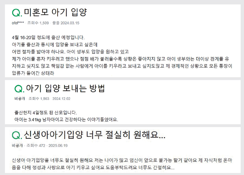 포털사이트에 게시된 아기 입양을 보내고 싶다거나 입양을 원한다는 관련 글 캡처