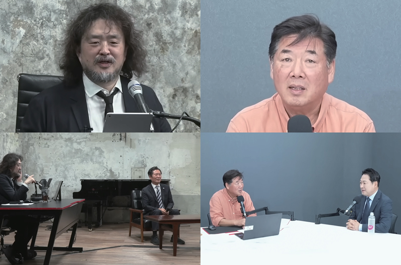 유튜버 김어준씨(왼쪽 위 사진)와 ‘김어준의 다스뵈이다’에 출연한 정청래 더불어민주당 대표(왼쪽 사진 오른쪽). 유튜버 고성국씨(오른쪽 위 사진)와 ‘고성국TV’에 출연한 장동혁 국민의힘 대표(당시 후보) ⓒYouTube 화면캡처