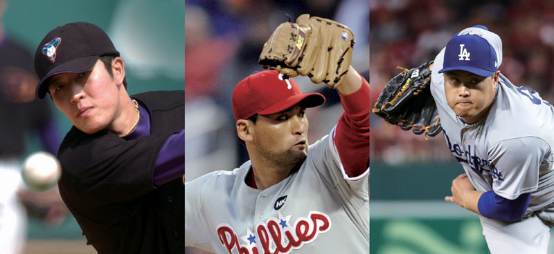 애리조나 마무리 투수 김병현, 필라델피아 불펜투수 박찬호, LA 다저스 선발투수 류현진 ⓒ연합뉴스·EPA 연합
