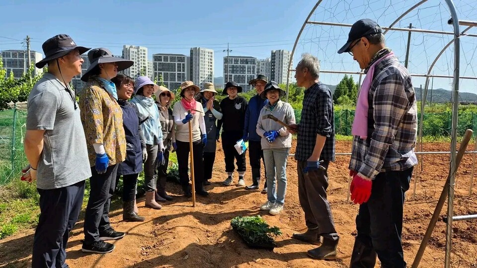 고 장채열(왼쪽 두번째) 전남동부지역사회연구소 이사장이 지난해 5월 헤이리 예술마을에서 '참 생태도시를 꿈꾸는 수세미'를 주제로 수세미 모종심기를 설명하고 있다. ⓒ시민 김준희씨 제공