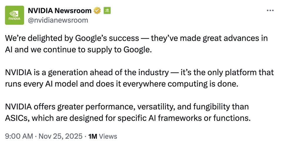 엔비디아가 엑스(X) 공식 계정을 통해 구글을 견제하며 자사 제품이 업계보다 한 세대 앞서 있다고 강조했다. ©엔비디아
