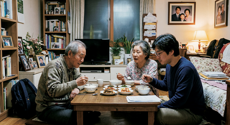 부모와 함께 식사하는 성인 자녀의 모습